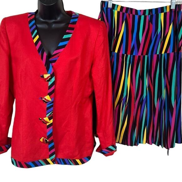 Vintage 80's Ann Lawrence Silk Blend Rainbow Striped Skirt Set - Picture 10 of 16